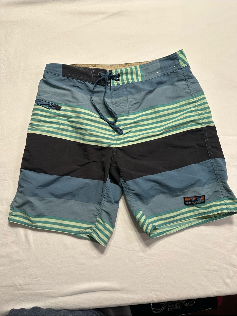 Patagonia Men’s Striped Board Shorts in Teal, Mint & Black